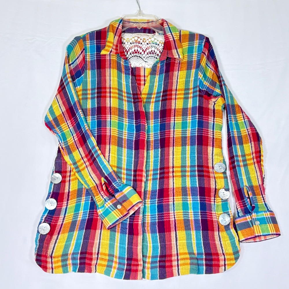 Soft Surroundings Plaid Tunic XL Boho Gauze Crochet Lace Button Sleeve